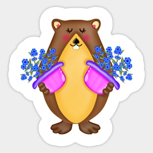 Cute groundhog with blue flowers Sticker